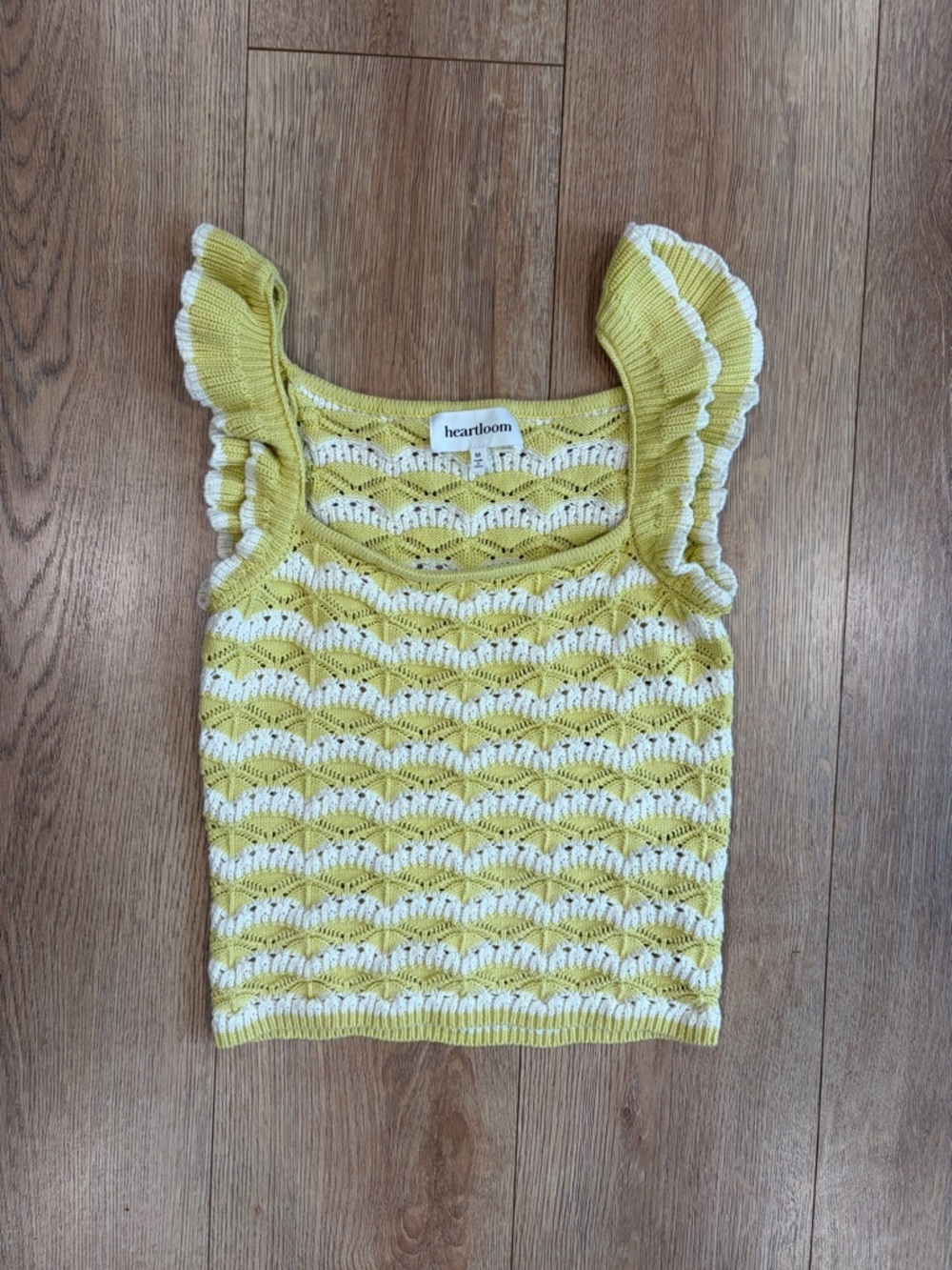 Heartloom Yellow White Knit Tank Top Size M Ruffle Strap Cottagecore Sweater - Picture 7 of 7